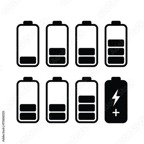 Set of eight black and white battery icons showing different charge levels including charging symbol on white background.