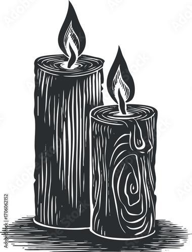 Two artistic candles with flames, showcasing a warm and inviting ambiance in a decorative style.