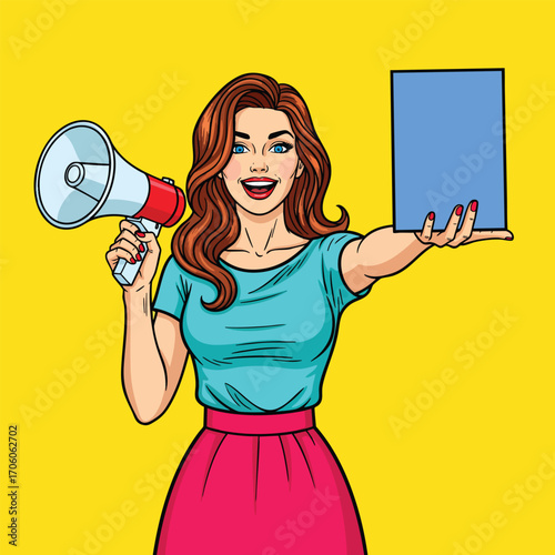 Pop art style woman with a megaphone and a blank blue sign for a message or announcement.