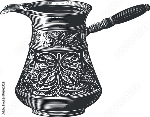 Vintage coffee pot with ornate design showcasing intricate craftsmanship and traditional styling.