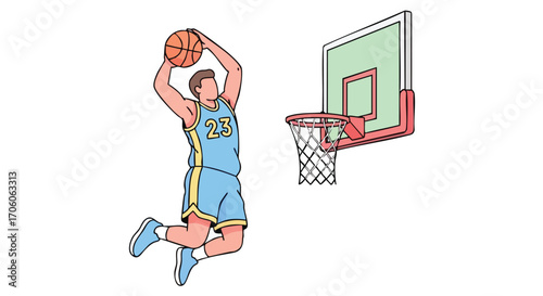 Illustrated basketball player in a blue number 23 uniform performing a powerful slam dunk.