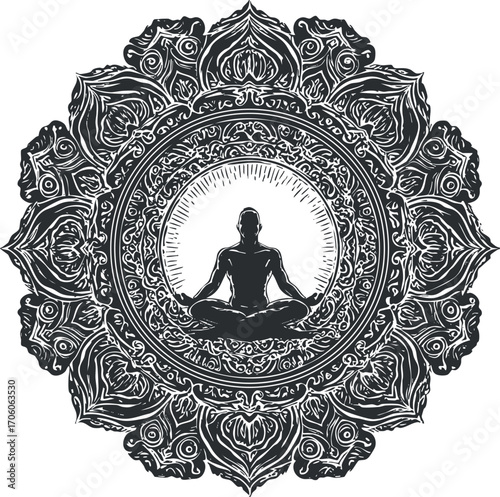 A detailed mandala design featuring a meditating figure at its center symbolizing tranquility and mindfulness.
