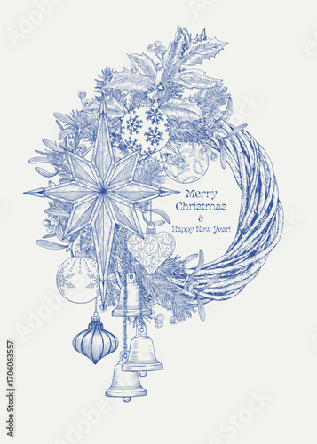 Toile Christmas wreath hang toys bells balls fir branches holly star mistletoe. Blue beige. Vector vintage botanical illustration Hand drawn elements Background for design greeting card, holiday decor