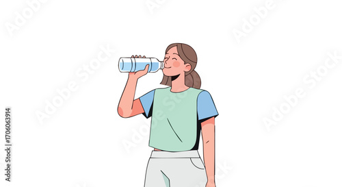 Illustrated young woman with a ponytail happily drinking water from a bottle to stay hydrated.