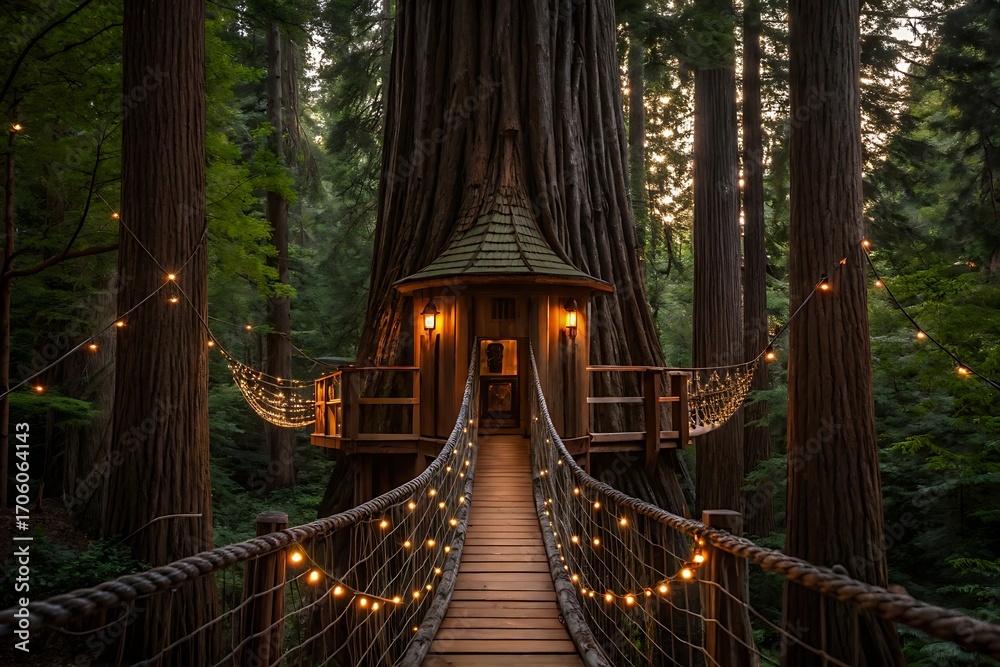 Fototapeta premium Magical Wooden Treehouse with Rope Bridge and String Lights in Forest