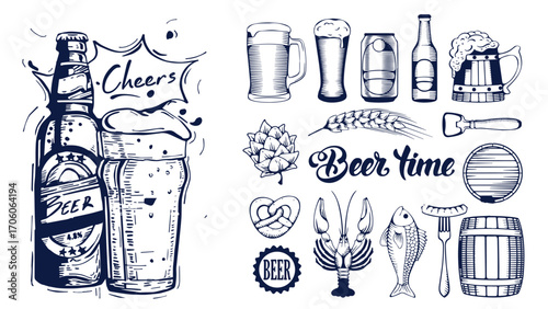 Beer brewery icons collection. Glasses, bottle, barrel hand drawn elements for pub, bar menu. Vector sketch illustration