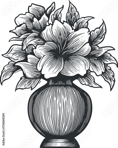 A detailed black and white illustration of a vase filled with blooming flowers and leaves.