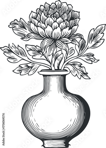 A vintage illustration of a flower in a decorative vase showcasing intricate details and elegance.