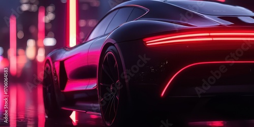 A sleek, futuristic car illuminated by vibrant neon lights, reflecting off a wet surface, creating a stylish urban ambiance.