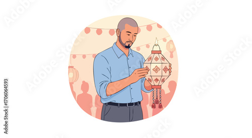 Illustration of a man with a buzz cut and goatee holding an ornate Diwali Kandil lantern.