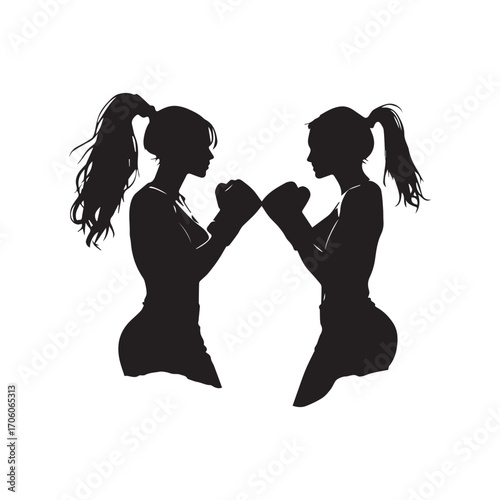 Boxing Face-Off Silhouette Vector in Black Featuring Two Ponytailed Fighters with Gloves for Fitness, Training, and Empowerment Themes