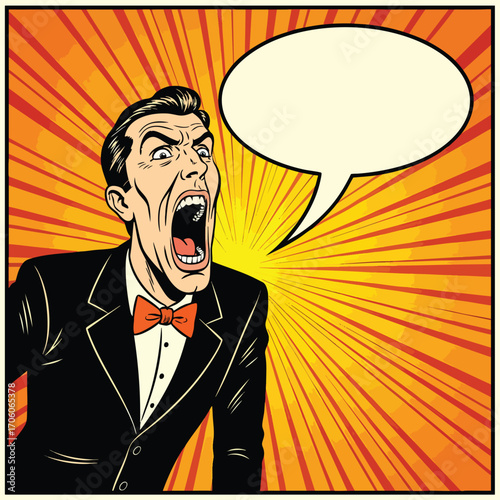 Retro pop art illustration of an angry man in a tuxedo screaming with a blank speech bubble.