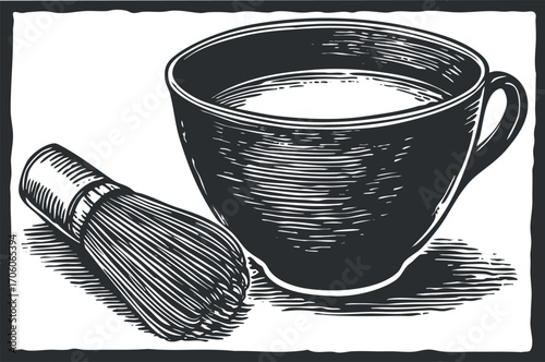 A vintage style illustration of a cup and a whisk depicting a beverage preparation.