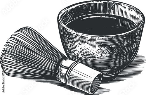 A vintage illustration of a tea bowl and brush used in traditional tea ceremonies.