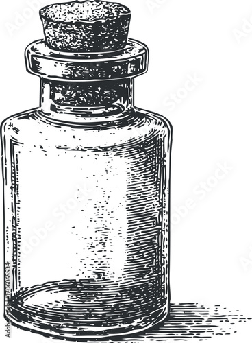 A vintage glass bottle with a cork stopper ideal for apothecary or decorative use.