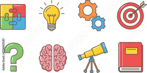 Flat Design Puzzle, Idea Bulb, Gear, Target, Question Mark, Brain, Telescope, Book