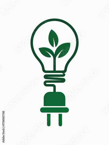 Minimalistische grüne Vektorillustration – Glühbirne mit Blättern und Stecker als Symbol für nachhaltige Energie
