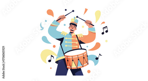 Joyful cartoon drummer in a colorful marching band uniform playing music.