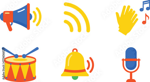 Flat icons set of megaphone, signal, hand clap, drum, bell and microphone on white