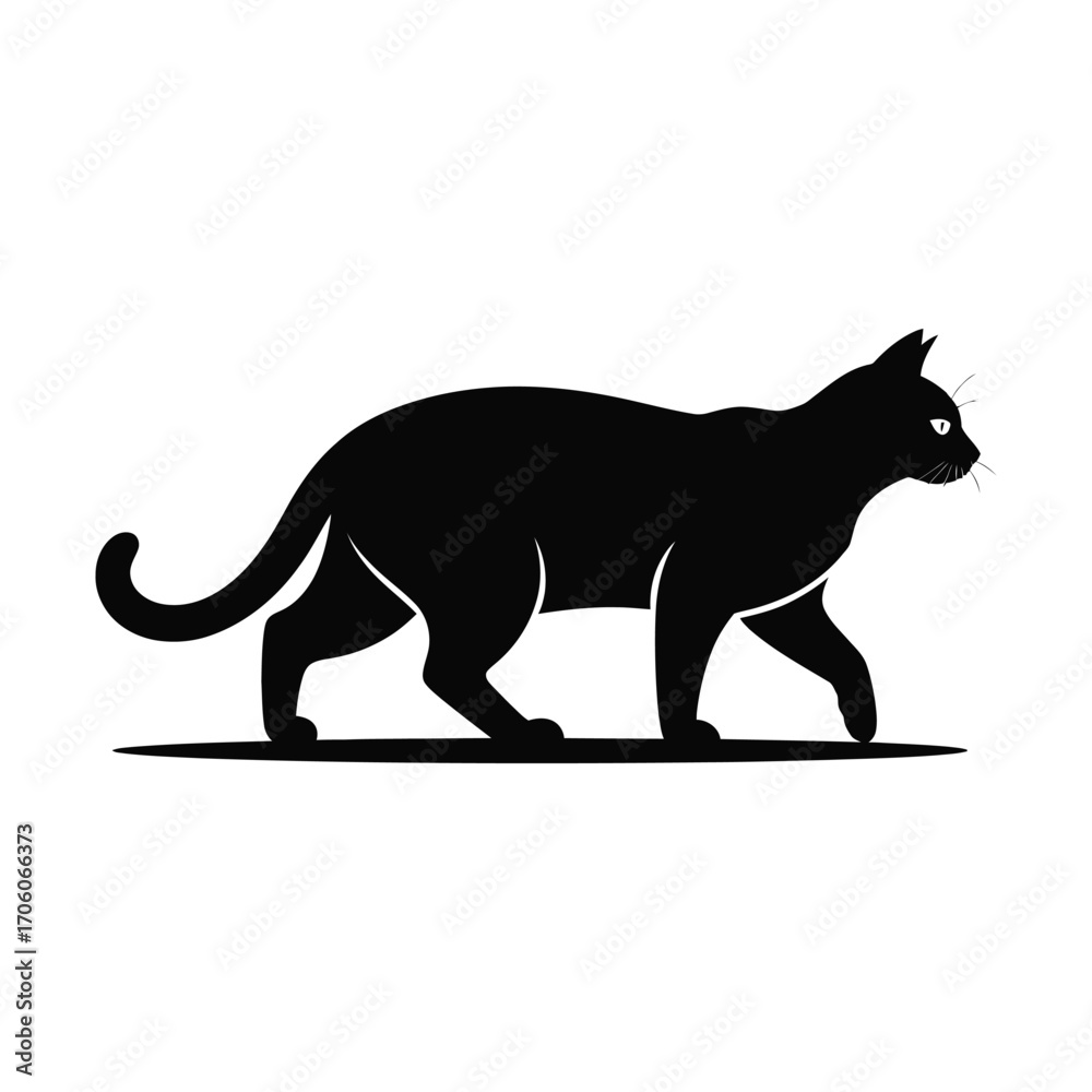 Obraz premium Elegant Black Cat Silhouette Illustration Walking with Graceful Posture on White Background