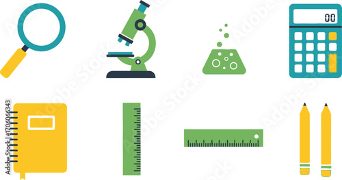 Flat of School Supplies such as Calculator, Microscope and Pencils