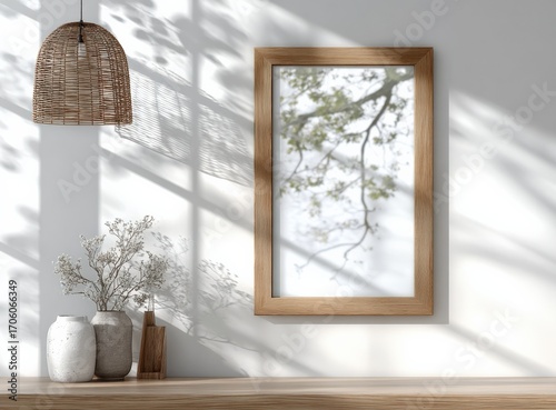 Elegant Home Interior with Wooden Framed Art and Natural Light for Modern Design