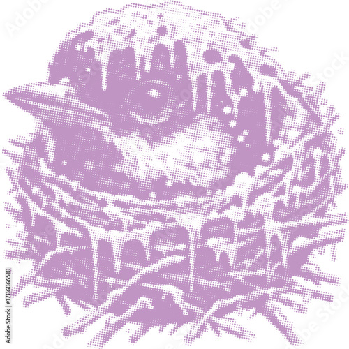Frozen Bird in Nest Halftone Art Print. Purple Dripping Ice Graphic Illustration. Vintage Style Nature Canvas Decor. Abstract Winter Animal.