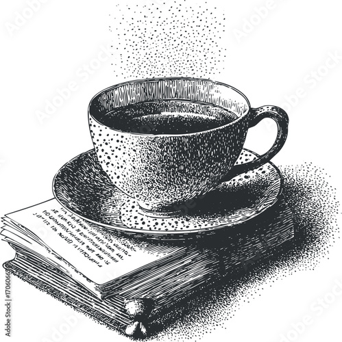 A vintage illustration of a coffee cup on a book, perfect for cozy reading moments.