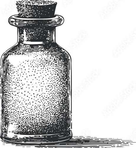 A vintage glass bottle with a cork stopper, perfect for retro-themed designs and illustrations.