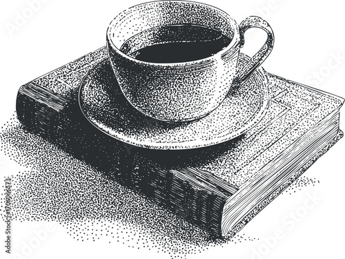 A vintage sketch of a coffee cup on a book, ideal for cozy reading moments.