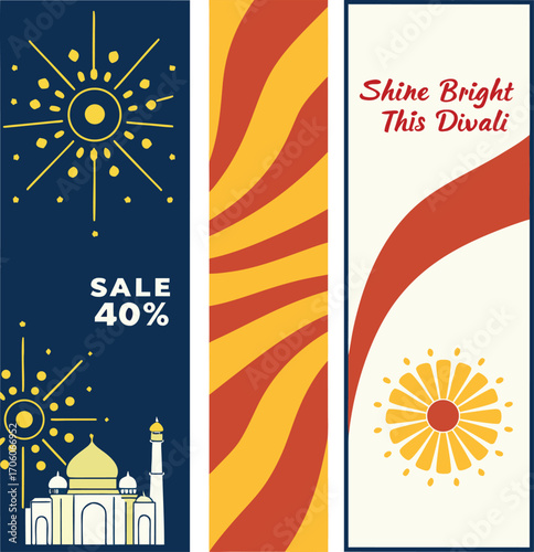 Diwali Sale Banner Designs Festive Flat Vector Illustrations with Fireworks & Lamps