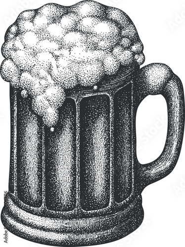 A vintage illustration of a frothy beer mug overflowing with bubbles and foam.