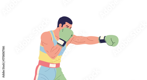Male boxer in a colorful uniform throwing a straight punch with green gloves.