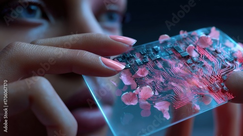 Close-up of a Woman Examining Advanced Wearable Technology with Embedded Circuitry and Rose Petal Accents