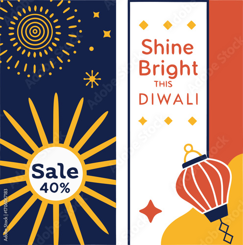 Diwali Sale Banner Designs Festive Flat Vector Illustrations with Fireworks & Lamps