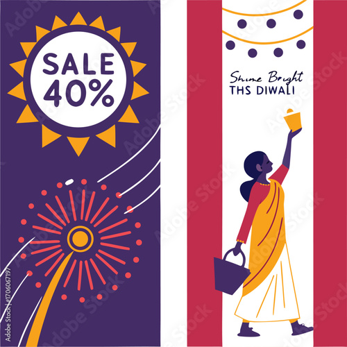 Diwali Sale Banner Designs Festive Flat Vector Illustrations with Fireworks & Lamps