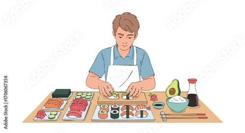 Male chef in a white apron carefully preparing a variety of fresh Japanese sushi.