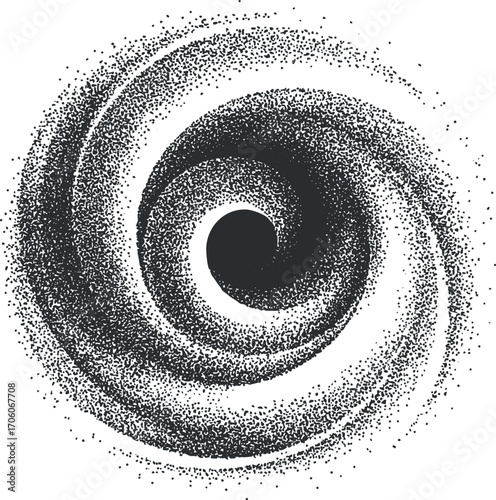 A stylized illustration of a spiral galaxy with a dynamic swirling pattern in black and white.