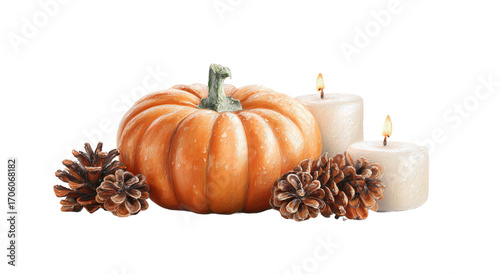 Pumpkin with pinecones and two candles isolated on transparent background