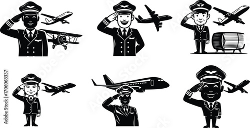 Airline pilot saluting with various airplanes in background, aviation professionals, flight crew, commercial aviation, airline industry, pilot uniform, air travel, cockpit crew