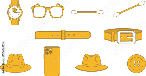 Gold Watch Eyeglasses Hats Belts Phone Cotton Swabs Button on White Background Icon Set