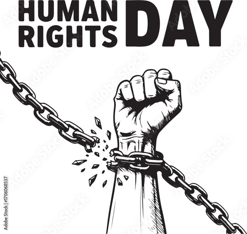 Hand breaking chain for human rights day isolated on white background