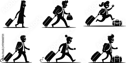 Business travelers with luggage, people walking with suitcases, airport travel, running with bags, suitcase rolling, travel journey, luggage handling