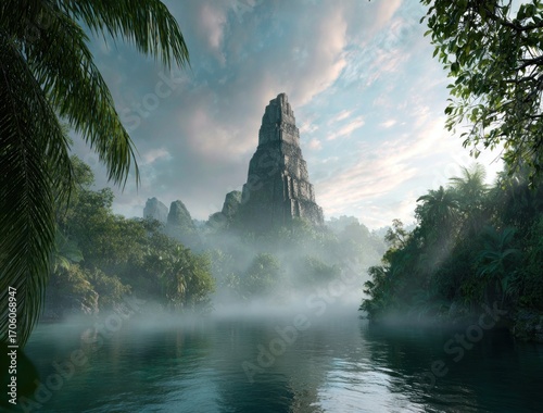 Ancient pyramid peak shrouded in mist, rising from a lush jungle oasis, reflected in serene waters beneath a cloudy sky