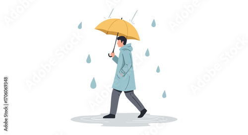 Man in a light blue raincoat with a yellow umbrella walking through a puddle in the rain.