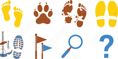 Graphics of Footprints, Paw Print, Boot Print, Magnifying Glass and Question Mark