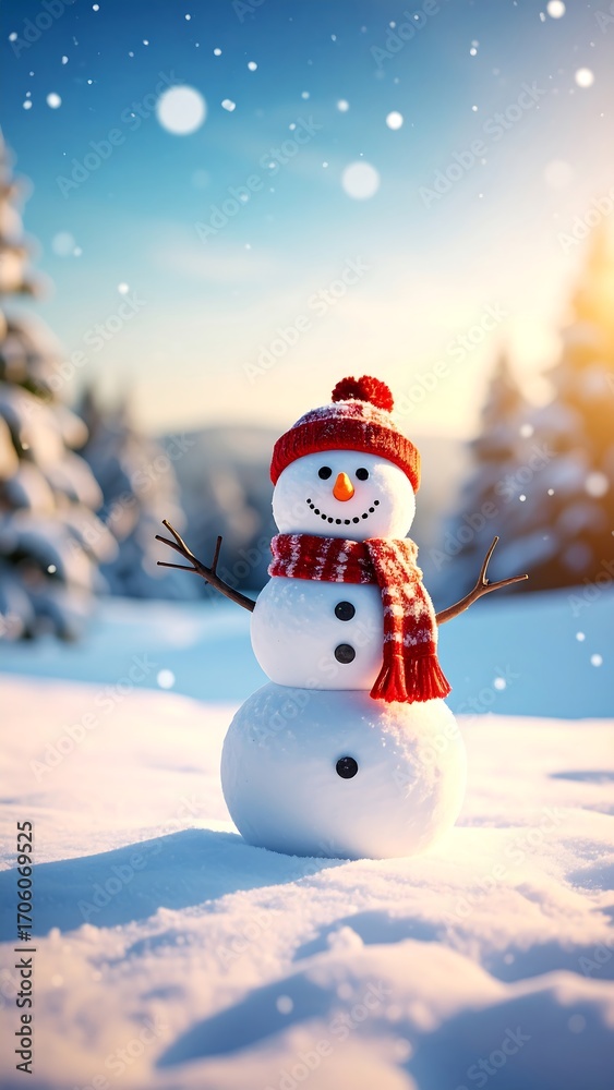 Obraz premium Snowman in snowy landscape, winter scene