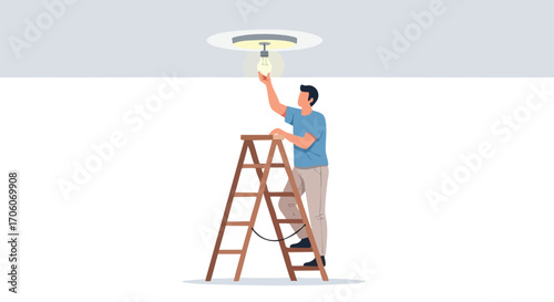 Man on a wooden stepladder changing a glowing light bulb in a ceiling fixture.
