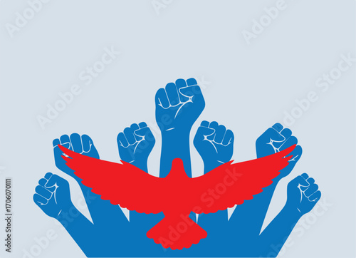 Concept of freedom with hands and dove isolated on white background
