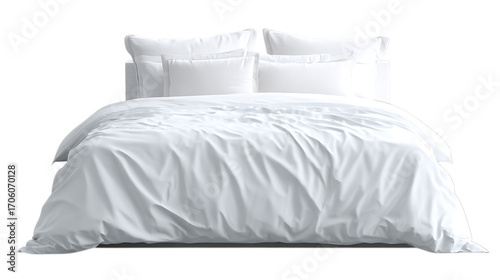 white bed with pillows and white bedding, isolated on white background. 